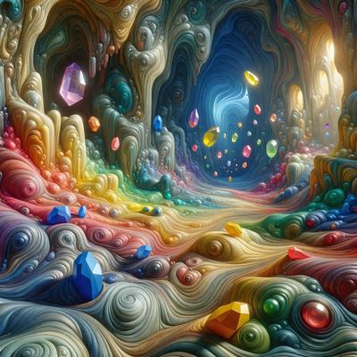 The primary subject of the image is a colorful, swirling tunnel with a rainbow-colored background. The tunnel is filled with various colored gems, including diamonds, rubies, and sapphires. The setting is a cave-like environment, and the visual style is a digital art or illustration. The colors and mood of the image are vibrant, lively, and full of energy, creating a sense of wonder and excitement.
